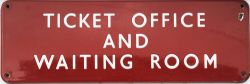 BR(M) enamel Doorplate TICKET OFFICE AND WAITING ROOM on three lines. Measures 18inches x 6 inches