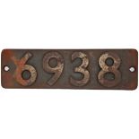 Smokebox Numberplate 6938. Ex GWR 'Hall' Class CORNDEAN HALL. Built Swindon in July 1942 and