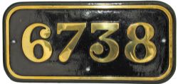 Cabside Numberplate 6738 brass construction, GWR Contractor built. Built by Yorkshire Engine Co in