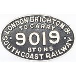 London Brighton & South Coast Railway cast iron, fully titled oval Wagon Plate 'To Carry 8 Tons