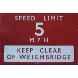 British Railways Southern region BR(S) enamel white on red 36 inch x 24 inch SPEED LIMIT 5MPH KEEP