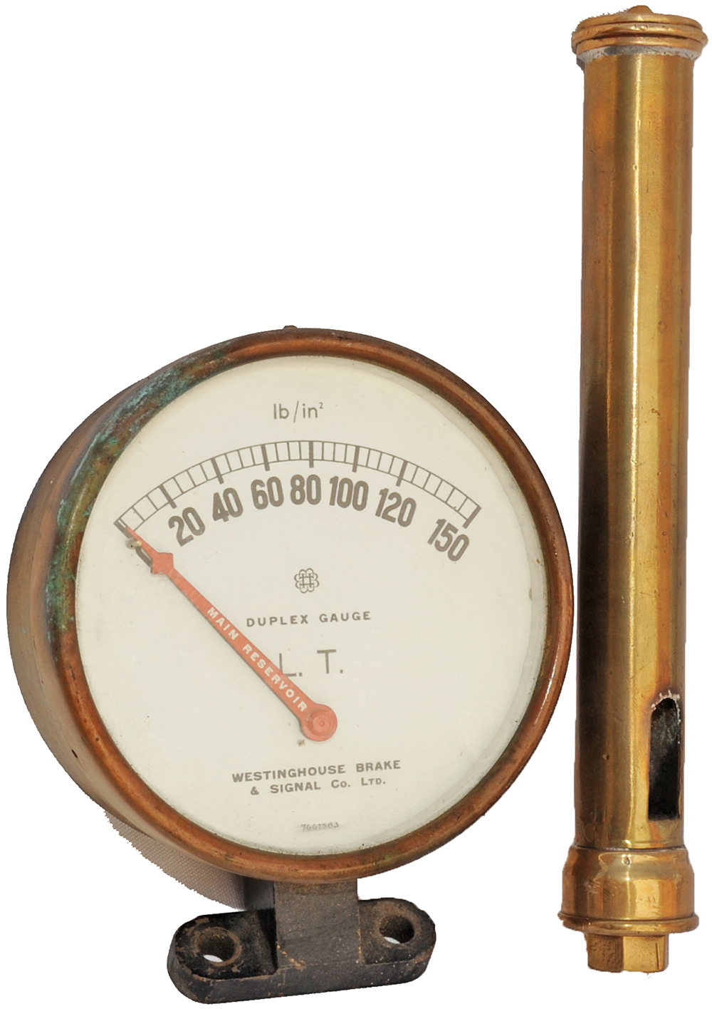 London Transport brass Loco Whistle, 11" in length, together with a 6" diameter LT Pressure Gauge