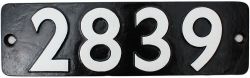 Smokebox Numberplate 2839. Ex GWR 2-8-0 Locomotive built Swindon October 1912 and allocated to