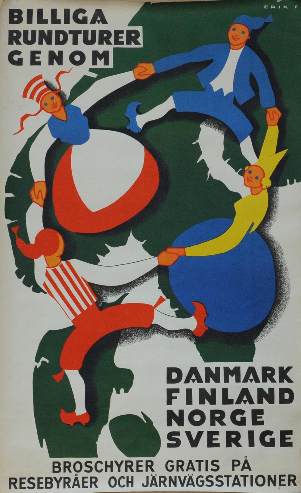 Poster - Danish Railways 'Billiga Rundturer Genom - Danmark Finland Norge Sverige' by Erik F circa