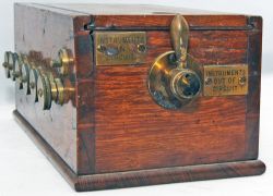 Mahogany cased small Signal Box Switching Out Box with two brass plates 'Instruments In Circuit' and