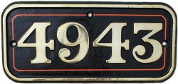 GWR brass Cabside Numberplate 4943. Ex GWR Hall Class 4-6-0 Locomotive built Swindon Works in July