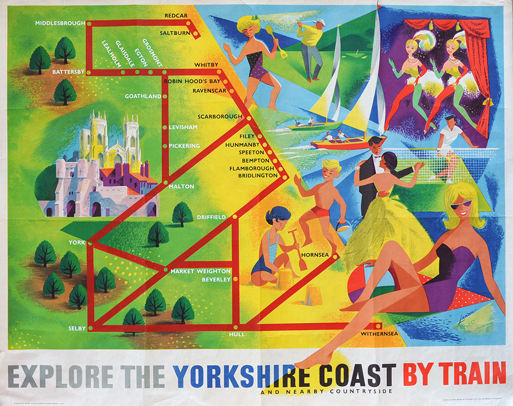 Poster 'Explore The Yorkshire Coast By Train' by Lander quad royal 40 x 50 inches. Depicts a