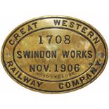 Great Western railway 3500 Gallons brass Tender Plate no.1708, Nov 1906. It was attached to the