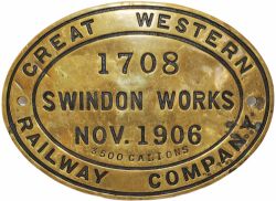 Great Western railway 3500 Gallons brass Tender Plate no.1708, Nov 1906. It was attached to the