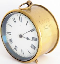 GWR brass cased Drum Clock with hand engraved 'GWR 5318' on the side and '5318' on the back. Also '