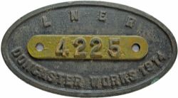 London & North Eastern Railway brass 9 x 5 Works Numberplate 'LNER Doncaster Works 1914' with