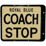 Royal Blue double sided enamel Coach Stop Sign, 12.5 x 10.5 inches, blue lettering on cream