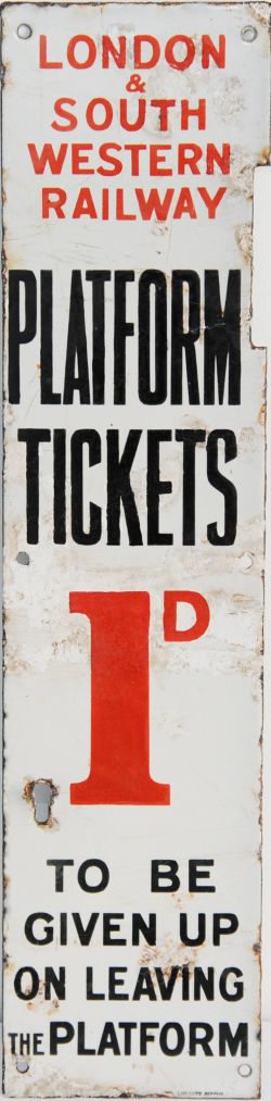 LSWR platform ticket machine enamel sign, LONDON & SOUTH WESTREN RAILWAY PLATFORM TICKETS 1D TO BE