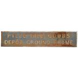 GWR cast iron Signal Box Board PYLLE HILL GOODS DEPOT GROUND FRAME measuring 71.5 x 15 inches. The