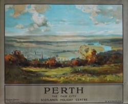 Poster LMS 'Perth The Fair City - Scotland's Holiday Centre by W.M Frazer RSA. Colourful view