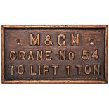 Midland & Great Northern Railway cast brass Crane Plate 'M&GN Crane No 54 To Lift 1 Ton'. Measures