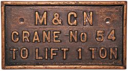 Midland & Great Northern Railway cast brass Crane Plate 'M&GN Crane No 54 To Lift 1 Ton'. Measures