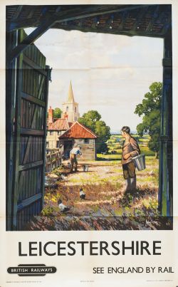 Poster, 'Leicestershire' by John Francis Bee, double royal 25 x 40 inches. Image through a barn door