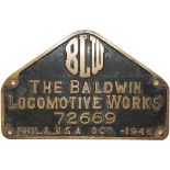 Brass Locomotive Builders Plate 'The Baldwin Locomotive Works 72669 Phila, USA, Oct 1946. Ex Costa