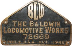 Brass Locomotive Builders Plate 'The Baldwin Locomotive Works 72669 Phila, USA, Oct 1946. Ex Costa