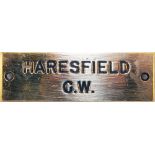 GWR brass Signal Box Shelf Plate HARESFIELD G.W. Situated between Gloucester and Standish Junction