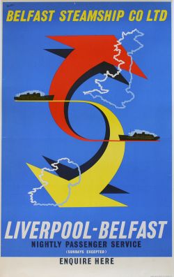 Poster ' Belfast Steamship Company Ltd 'Liverpool - Belfast Nightly Passenger Service' by Nevin