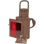 Somerset & Dorset Railway Handlamp with early Midland Railway brass plate and a red front glass, the