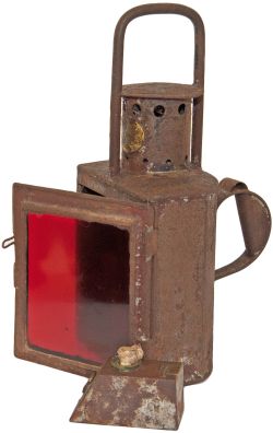 Somerset & Dorset Railway Handlamp with early Midland Railway brass plate and a red front glass, the