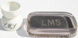 LMS china Eggcup together with an LMS Glass Paperweight