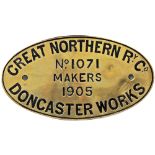 Worksplate Great Northern Railway No 1071 Makers 1905 Doncaster Works. Ex GNR Ivatt 4-4-2 Atlantic