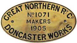 Worksplate Great Northern Railway No 1071 Makers 1905 Doncaster Works. Ex GNR Ivatt 4-4-2 Atlantic