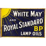 Enamel Advertising Sign 'White May & Royal Standard BP Lamp Oils' double sided, wall mounting