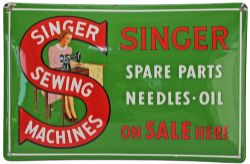 Advertising enamel sign 'Singer Sewing Machines - Singer Spare Parts Needles Oil On Sale Here'.