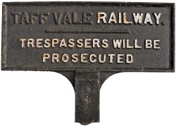 Taff Vale Railway double sided cast iron Trespass Sign with integral post mounting, in original