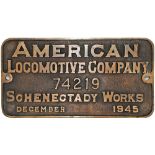 Worksplate American Locomotive Co Schenectady Works Lot No 74219 Dec 1945. Ex SNCF 141 R 346 built