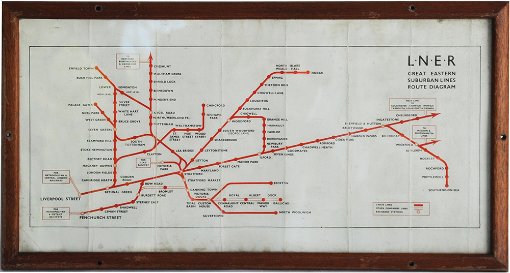 LNER Carriage Print showing 'Great Eastern Suburban Lines Route Diagram' with lines and stations