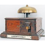 Midland Railway split case mahogany cased block bell with offset tapper. Traffolite plated