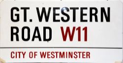 London enamel Street Sign 'Gt Western Road W11 City Of Westminster'. Flanged 17.5 x 34 black and red