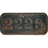 GWR Cabside Numberplate 2229, cast iron construction. Ex GWR Collett 0-6-0 built Swindon October