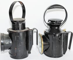 LMS Handlamps, a pair. One has the familiar drum chimney but plain aspect glasses, not slatted