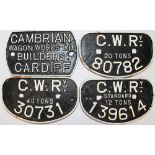 GWR 'D' Type Wagon Plates, qty 3 comprising 12, 20 & 40 Tons together with a Cambrian Wagon Plate.