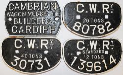 GWR 'D' Type Wagon Plates, qty 3 comprising 12, 20 & 40 Tons together with a Cambrian Wagon Plate.