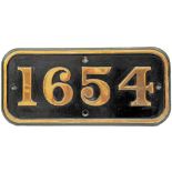 GWR/BR brass Cabside Numberplate 1654. Ex Hawksworth 0-6-0PT built Swindon Works in 1954 and