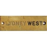 GWR brass Shelf Plate, machine engraved 'LYDNEY WEST' ex box condition.