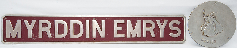 Nameplate MYRDDIN EMRYS with separate Merlin Emblem. Built at the Brush Falcon Works and entered
