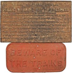 GNR cast iron Signs, a pair comprising: Beware Of Trains casting G5 and a fully titled Trespass Sign