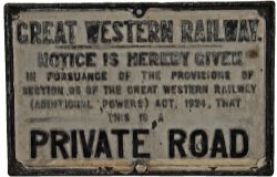 GWR fully titled Private Road cast iron Notice in original condition, 25 x 16 inches.