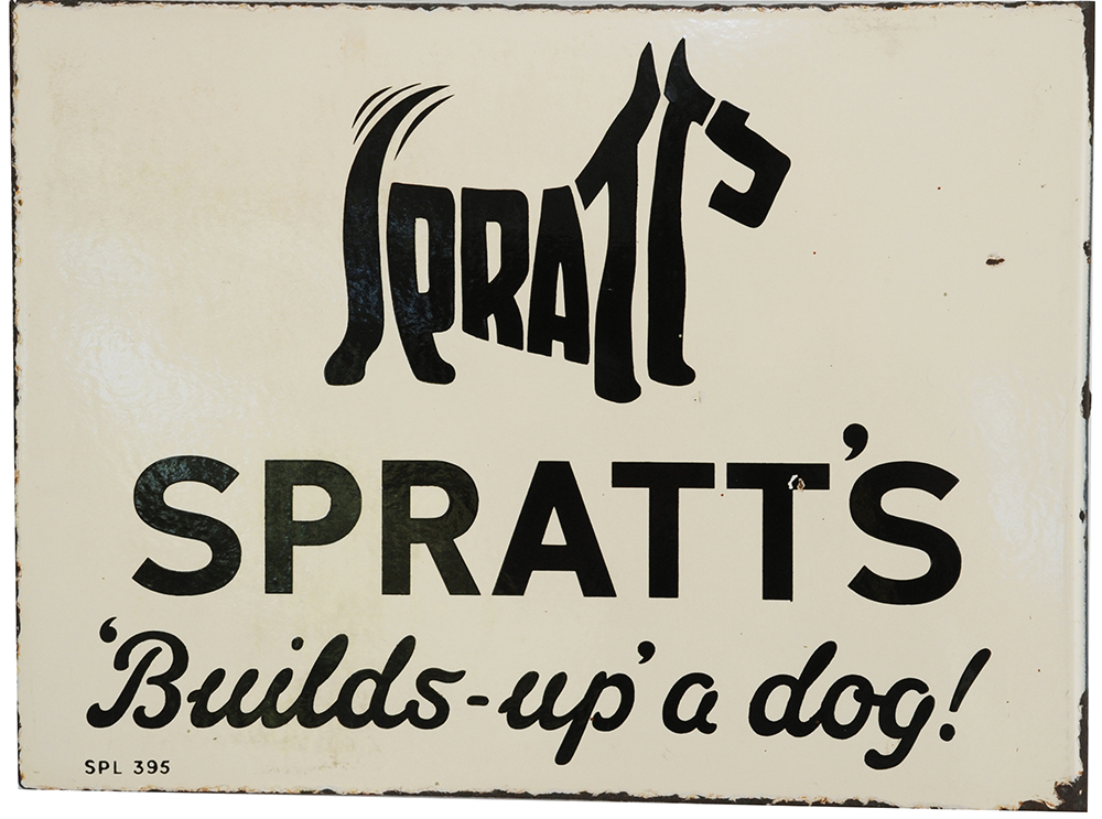Advertising enamel sign 'Spratts Builds Up A Dog' with the familiar Scottie Dog logo, double sided