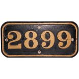 GWR cast iron Cabside Numberplate 2899.  Ex GWR Heavy Freight 2-8-0 locomotive built Swindon