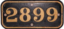 GWR cast iron Cabside Numberplate 2899.  Ex GWR Heavy Freight 2-8-0 locomotive built Swindon